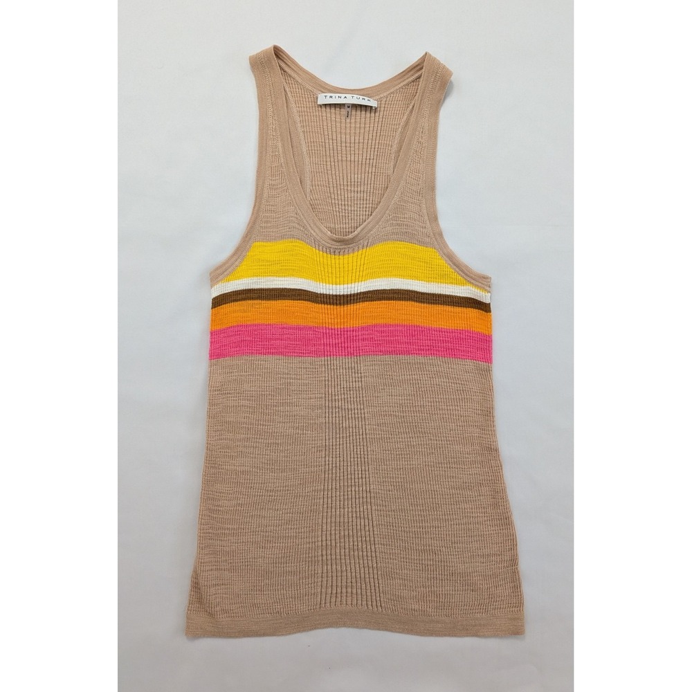 Trina Turk Racerback Striped Sweater Knit Tank Top Beachwood Brown Medium M